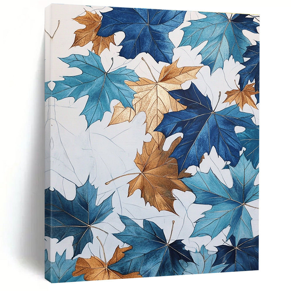 Large abstract painting of blue and gold maple leaves with metallic accents on a white background inspired by John Derric's style.STSC1154