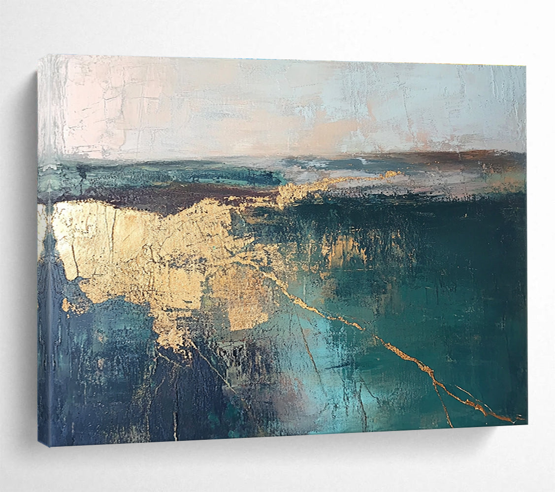 Large abstract painting featuring a green and blue lake landscape with golden cracks in neutral tones, perfect for modern decor.SC113