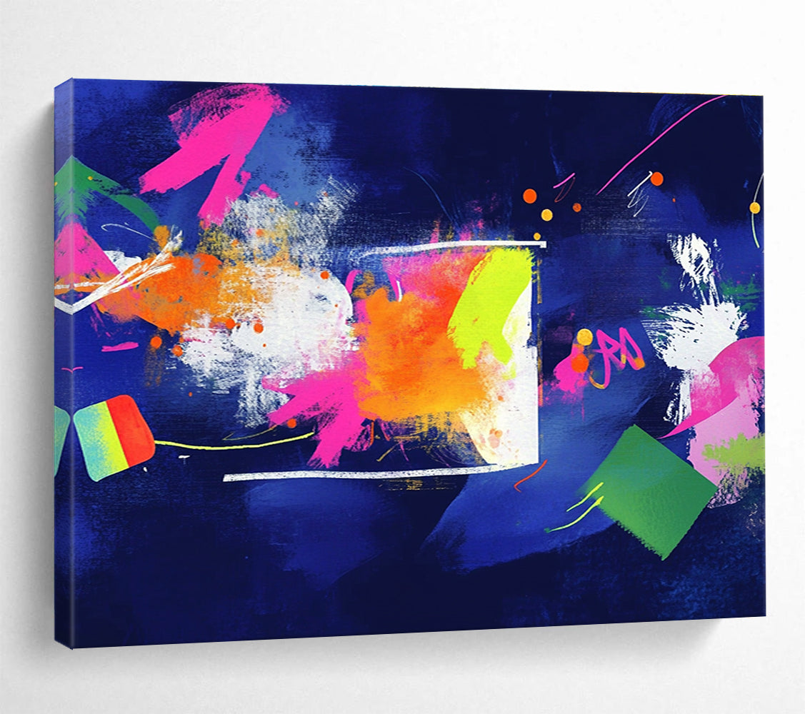 A large abstract art piece featuring bold colors and geometric shapes, creating an energetic atmosphere that inspires knowledge and creativity.SC460