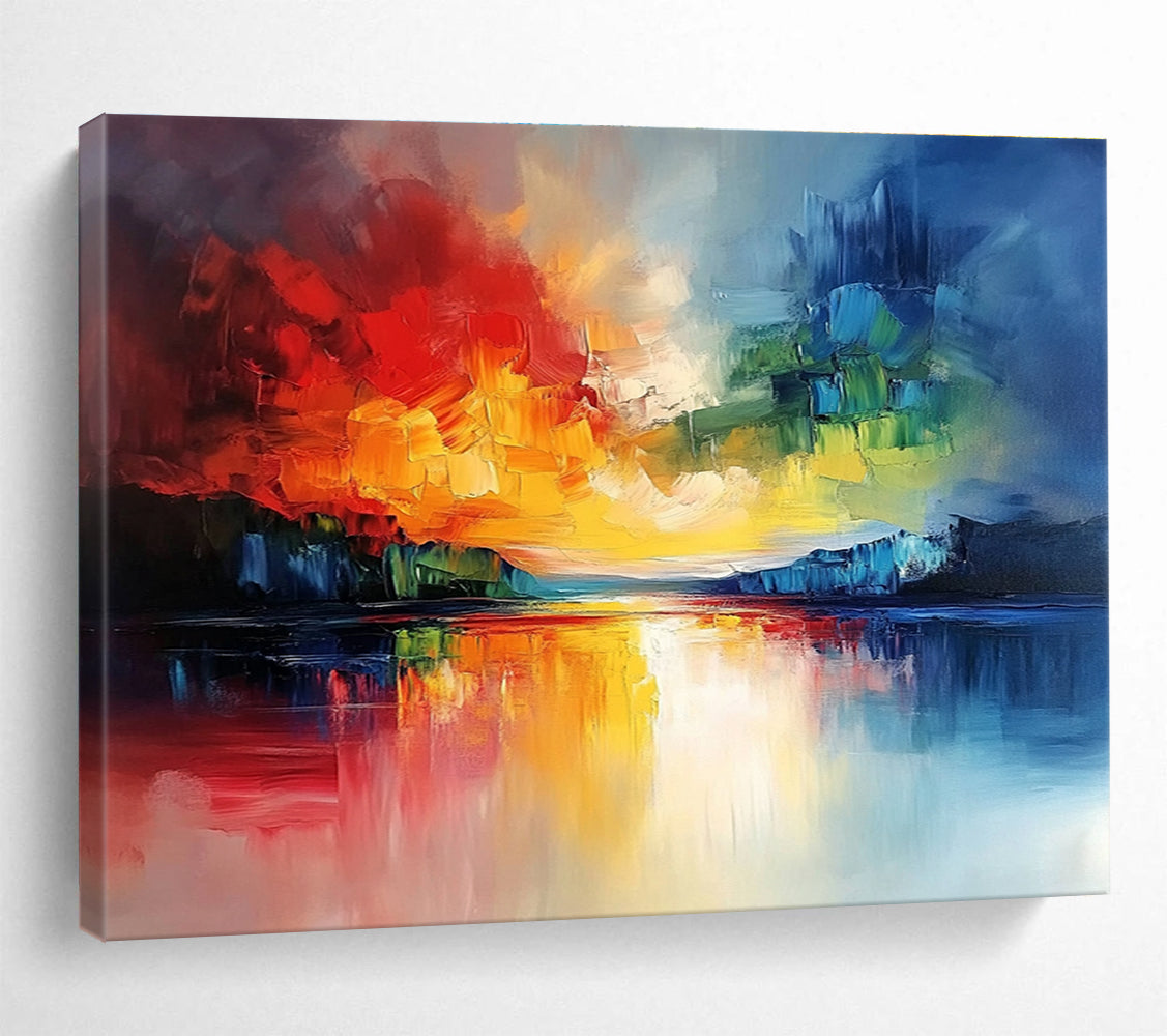 Large abstract landscape painting featuring a vibrant sky and reflective water with bold brushstrokes and rich textures.SC077