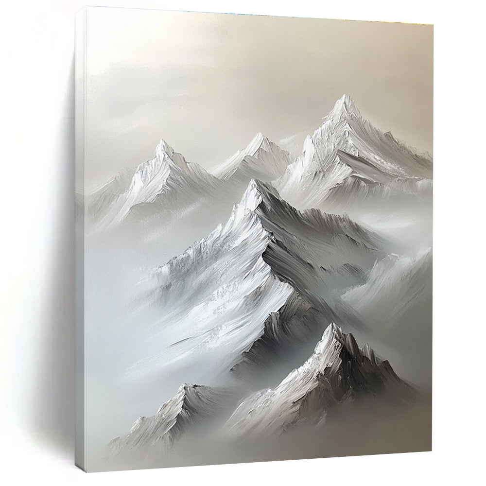 Large abstract painting of a white mountain range with gray snow peaks featuring heavy brush strokes and a minimalist neutral color palette.STSC1254