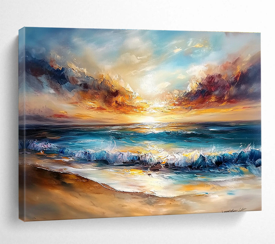 Abstract oil painting of a tranquil beach scene featuring a sunset with golden sand and vibrant colors evoking serenity and calmness for home decor.SC417