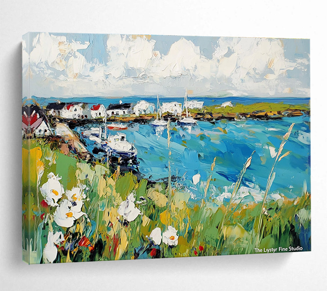 Harbor Landscape Abstract Painting with Blue, Green and White DYP118