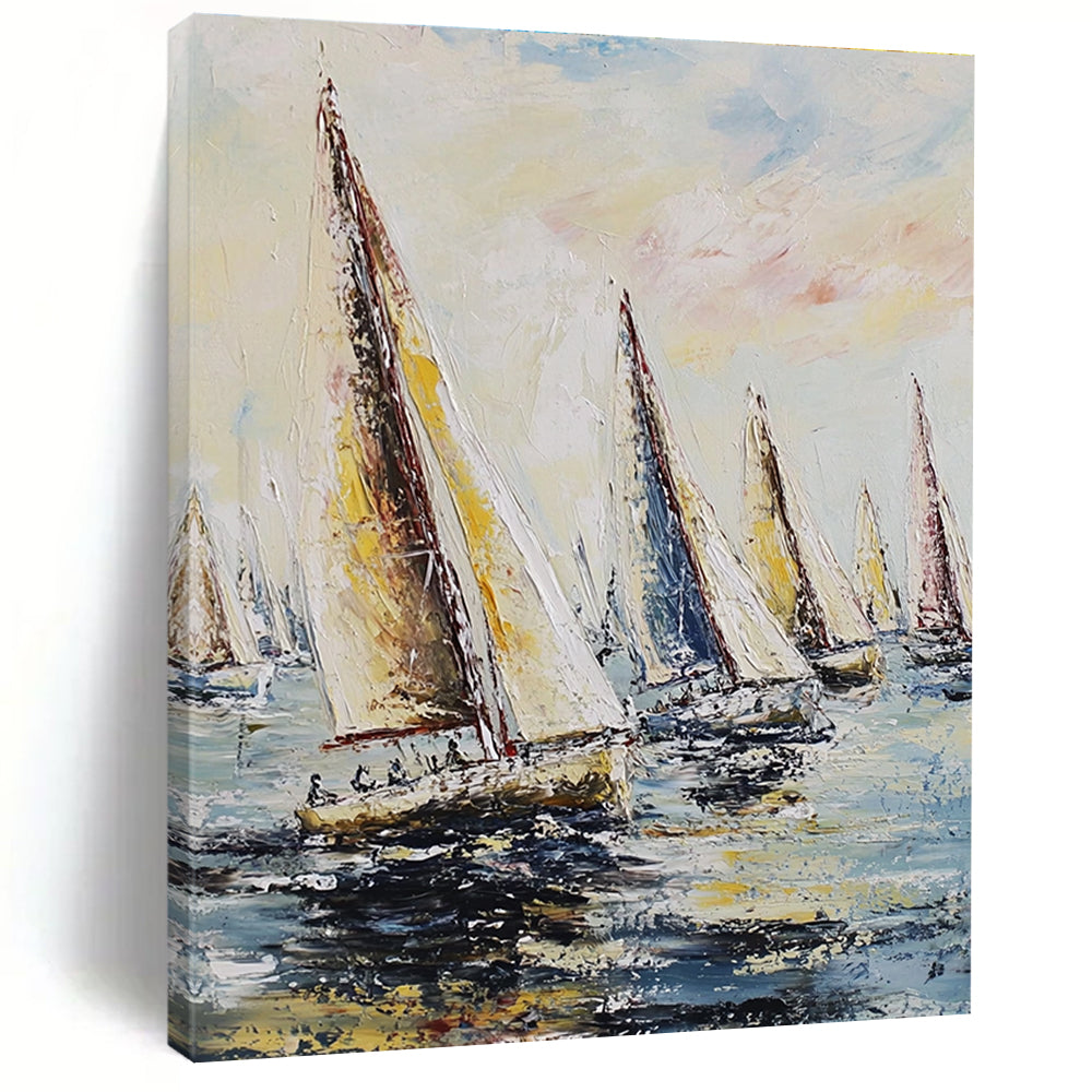 Large abstract painting featuring sailing regatta with billowing sails against a pastel sky and impasto-thick brush strokes.STSC1421