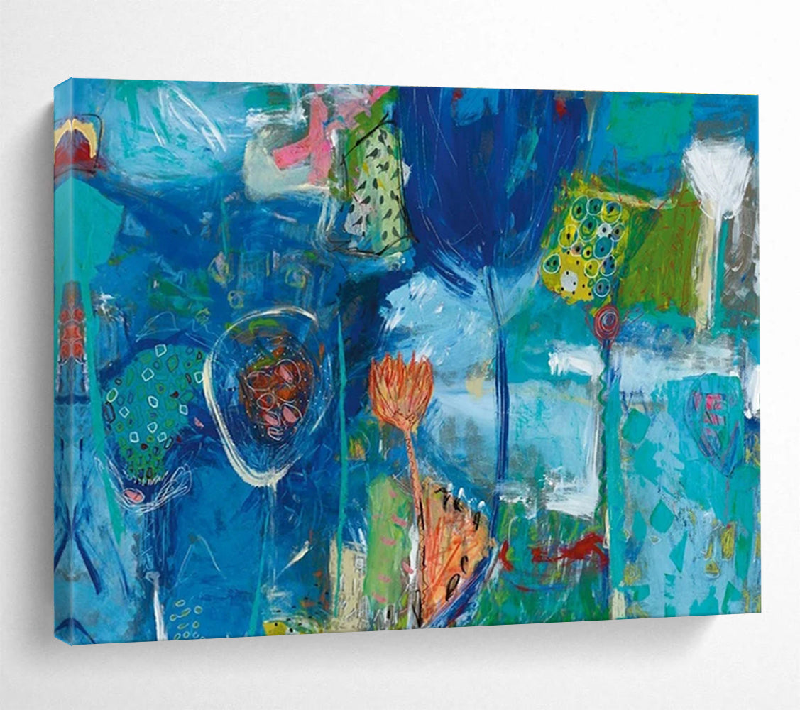 Blue Floral Abstract Fantasy Painting with Surreal Elements THY245