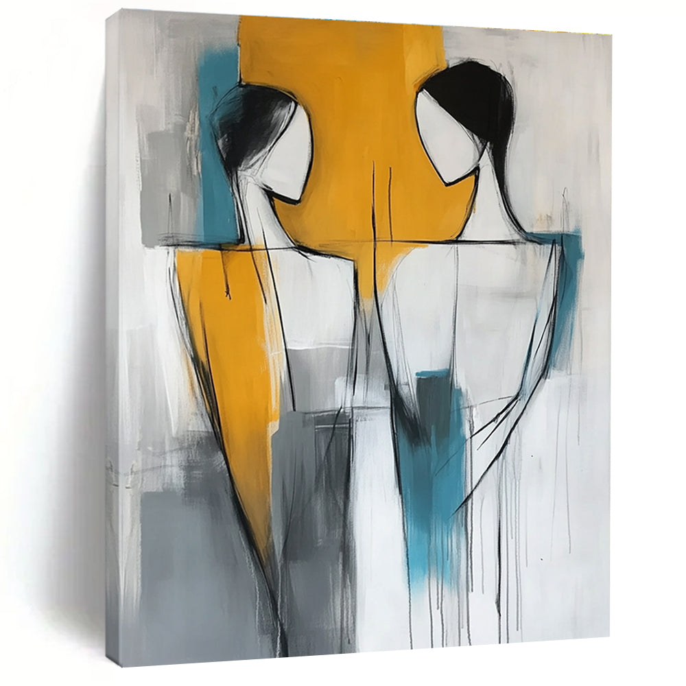 Abstract modern painting featuring two figures in yellow gray and blue colors showcasing contemporary art style.STSC135