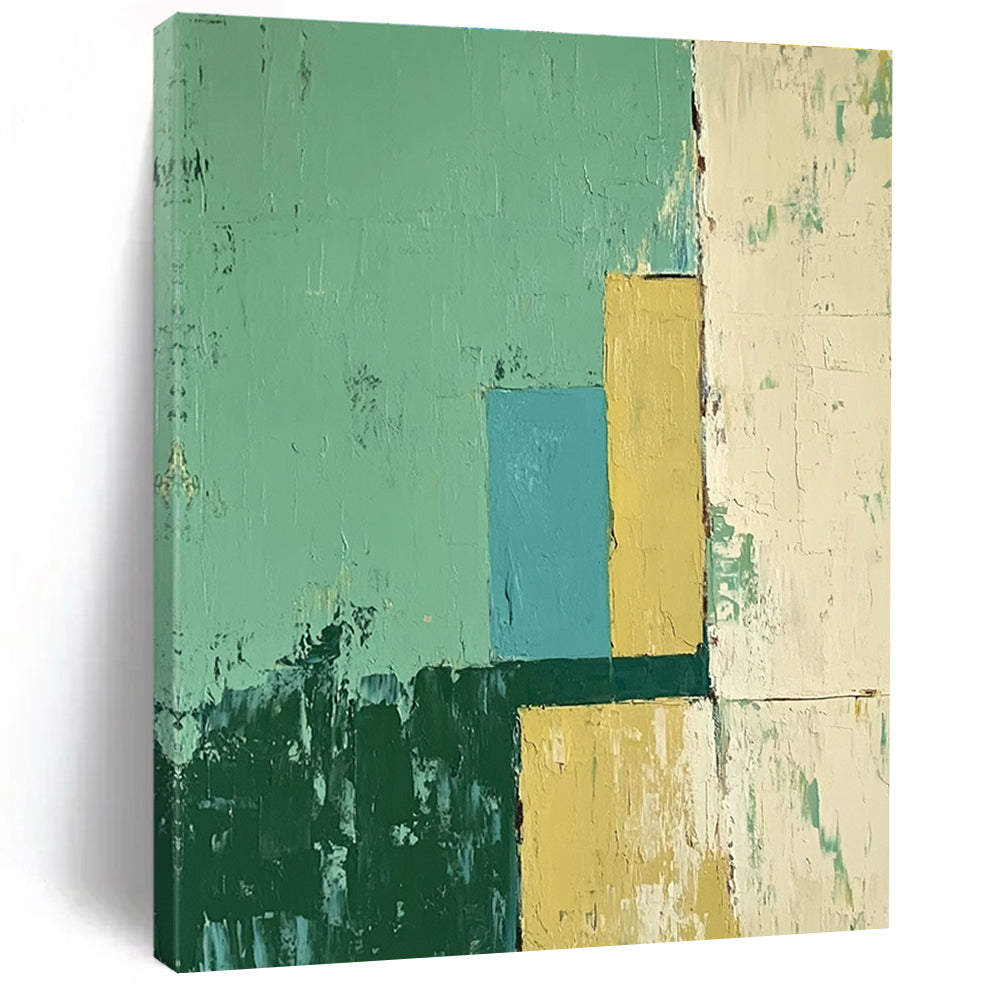 Large abstract oil painting featuring an architectural scene in green and yellow with blue accents, showcasing a minimalistic style.STSC144