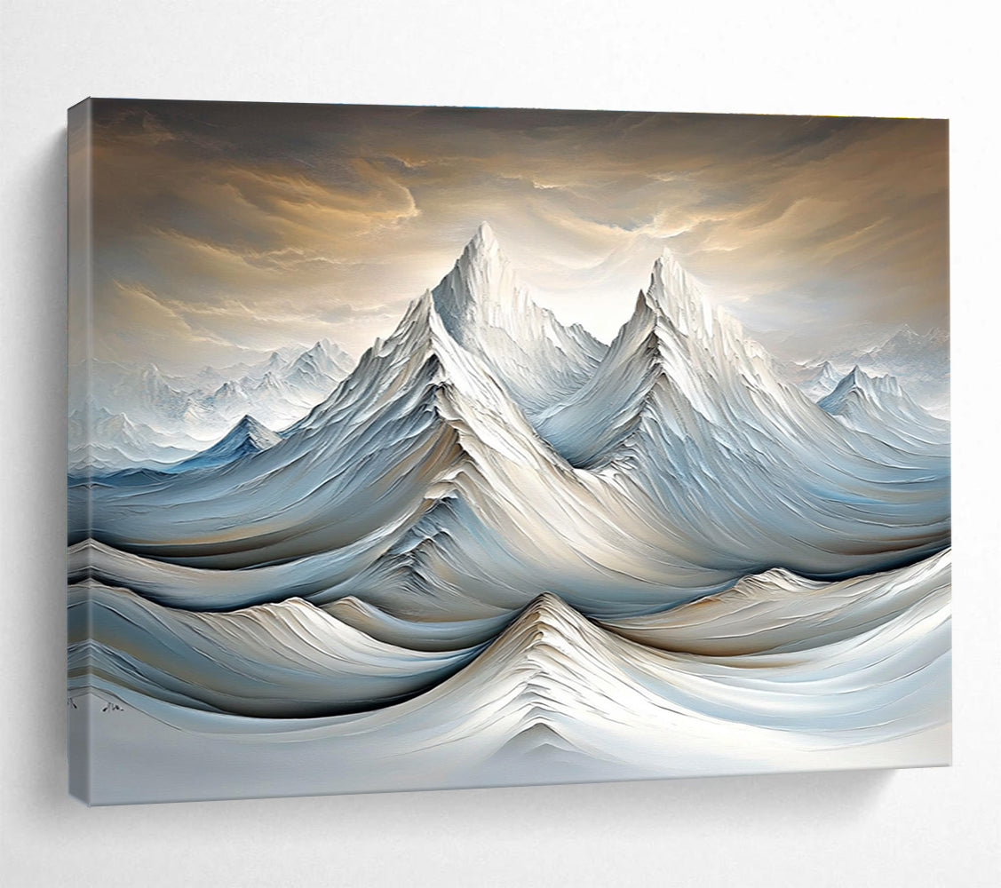 A large abstract painting featuring snowy mountains and rivers with soft lighting and delicate brushstrokes in a surreal gray and brown atmosphere.SC612