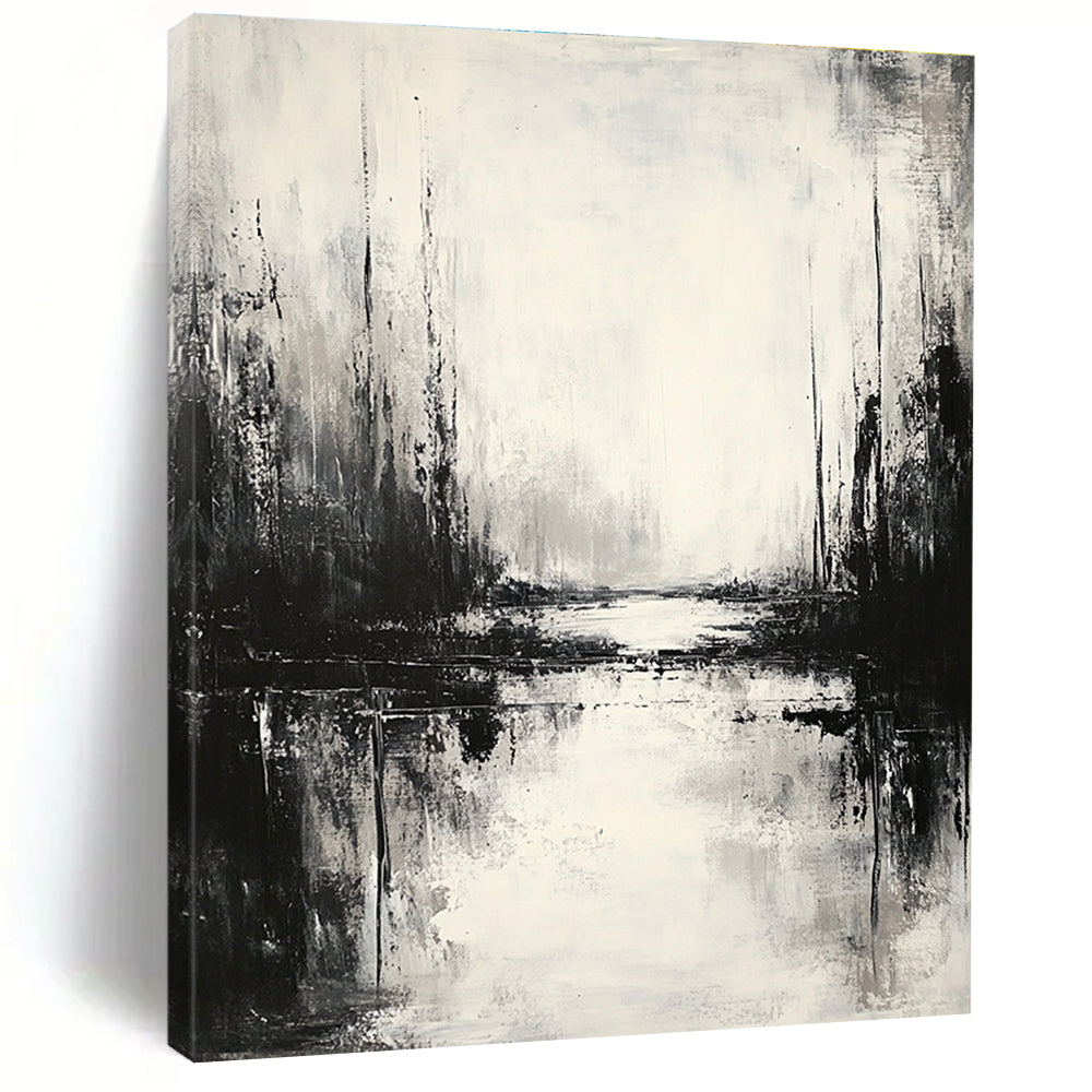 Large abstract painting featuring an atmospheric landscape in neutral tones with low contrast and muted colors, creating a serene monochromatic reflection.STSC021