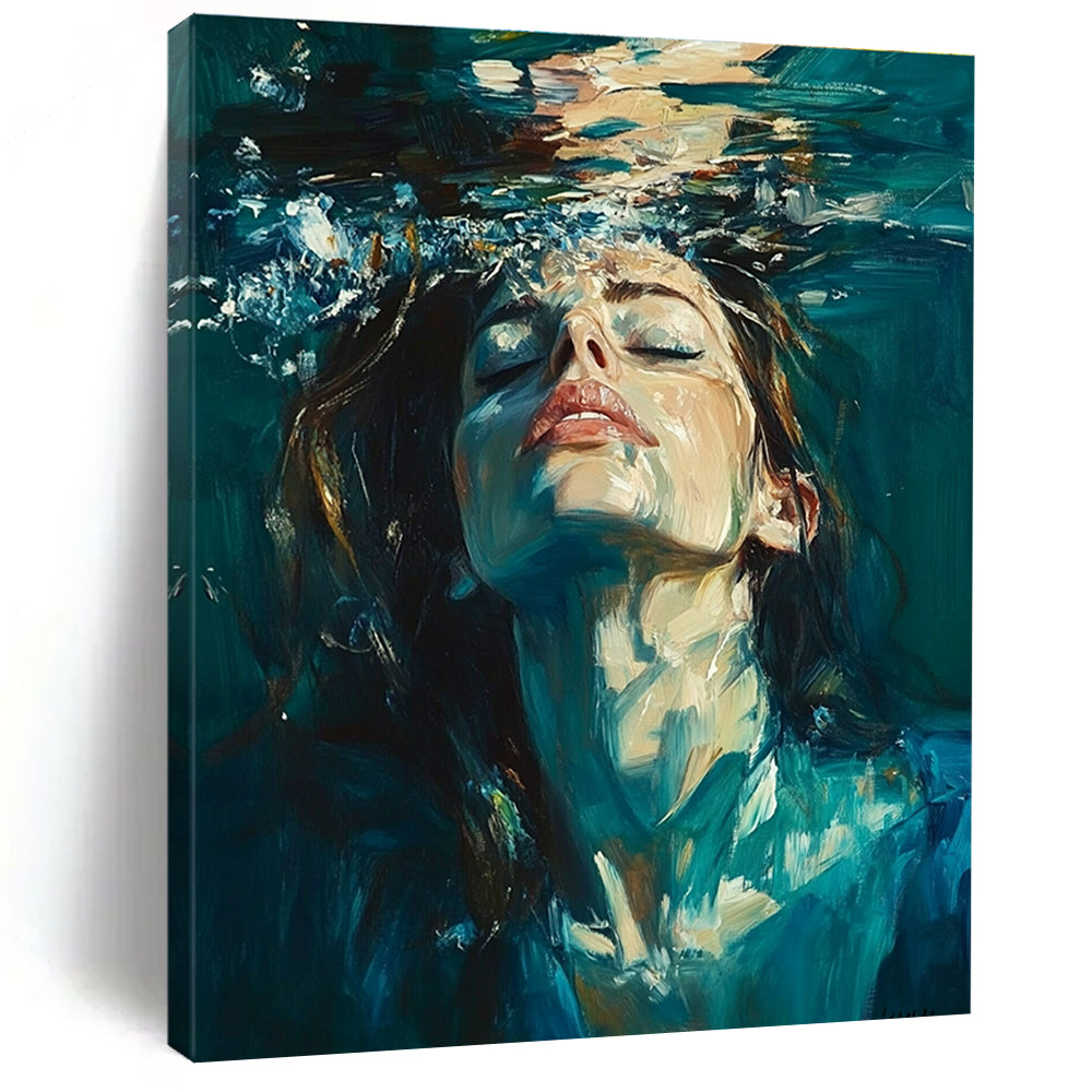 Abstract oil painting of a woman underwater with long hair and a blue-green attire against a dark teal background.STSC179