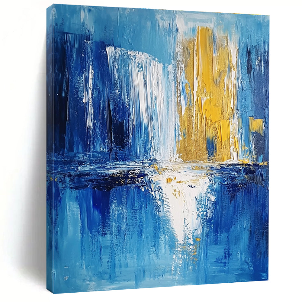 Blue and Gold Abstract Painting with Reflective Motifs GER390