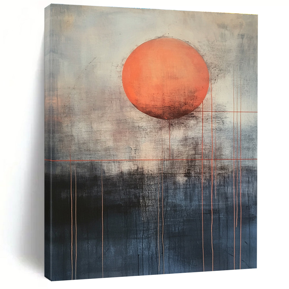 Large abstract painting featuring a mysterious orange sun above dark gray and light blue background with red lines evoking calmness and inner power.STSC1138