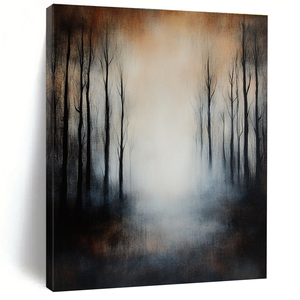 Large abstract painting of an eerie forest featuring black trees muted colors foggy atmosphere and impressionistic brushstrokes on textured canvas.STSC259