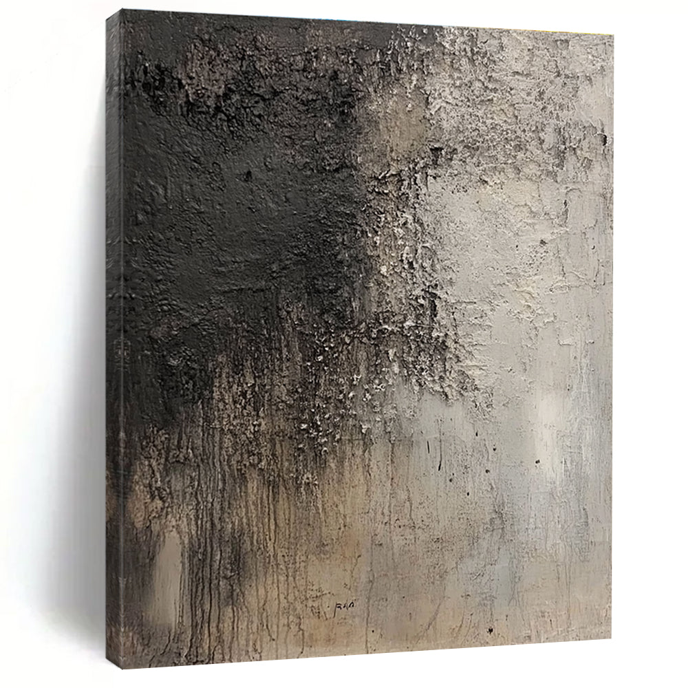 Large abstract painting resembling an ancient cave wall in grey and dark brown with intricate texture and floating dust particles.STSC632