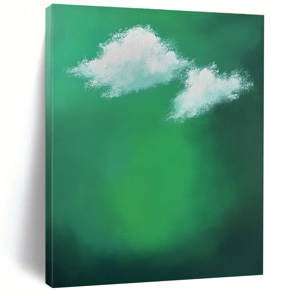 Large abstract painting featuring a green background with white clouds and sunlight effects evokes tranquility and calmness through minimalist brushstrokes.STSC1008
