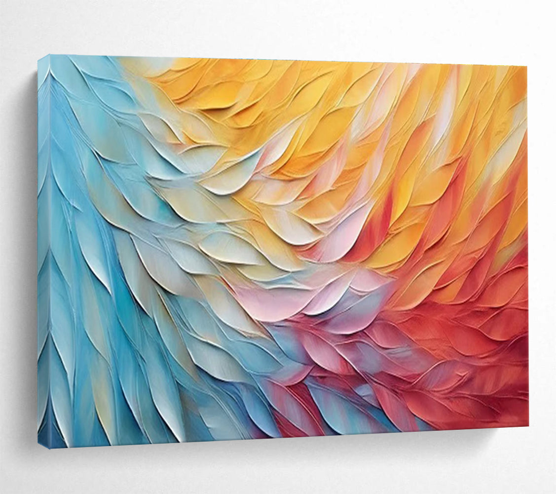Colorful Feather Abstract Painting with Blue, Yellow, and Red Hues THY201