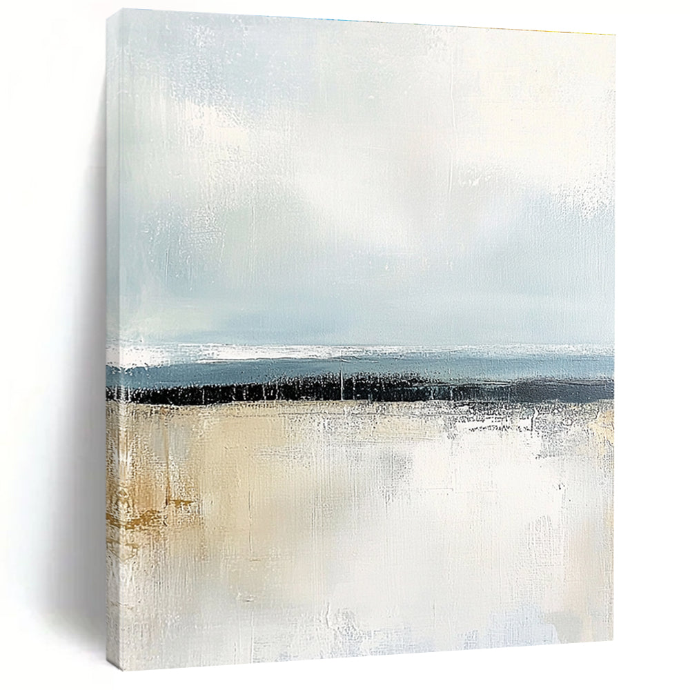 Large abstract painting with soft pastel colors and textured surface capturing serene coastal waters at dawn or dusk for emotional impact.STSC045