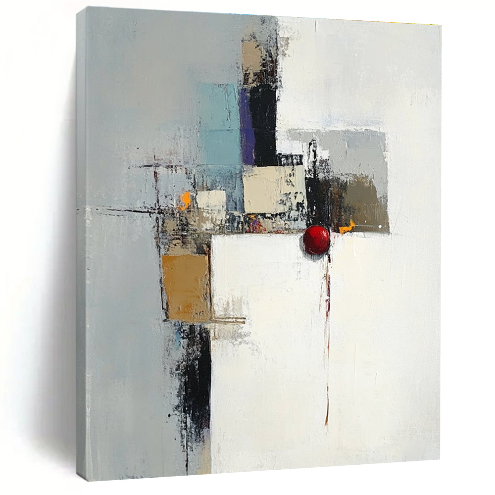 Large abstract painting in white gray and brown featuring a red object with an industrial cityscape in the background and expressive brush strokes.STSC615