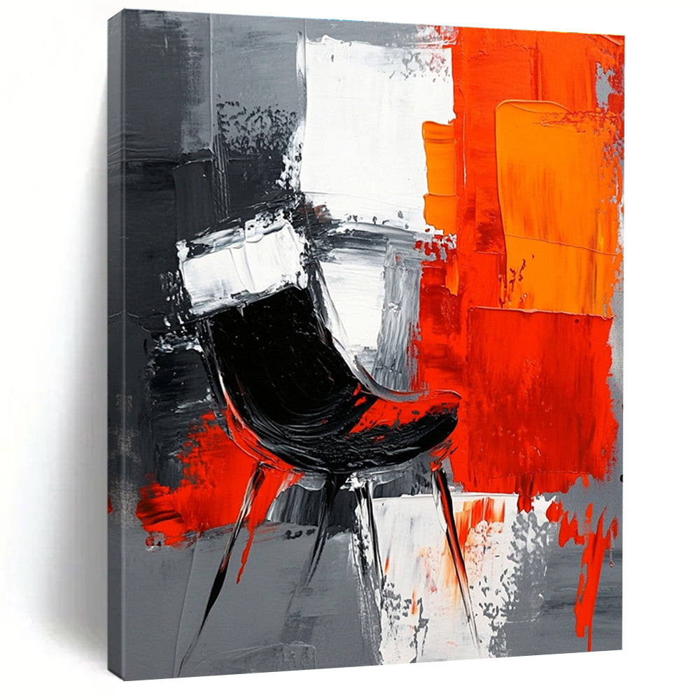 Large abstract painting with gray background featuring white and orange shapes and a contrasting black chair created with oil paint on textured paper.STSC226