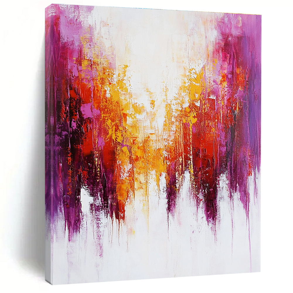 Large abstract painting featuring soft red and purple brushstrokes with hints of yellow and dripping paint on a white background.STSC416