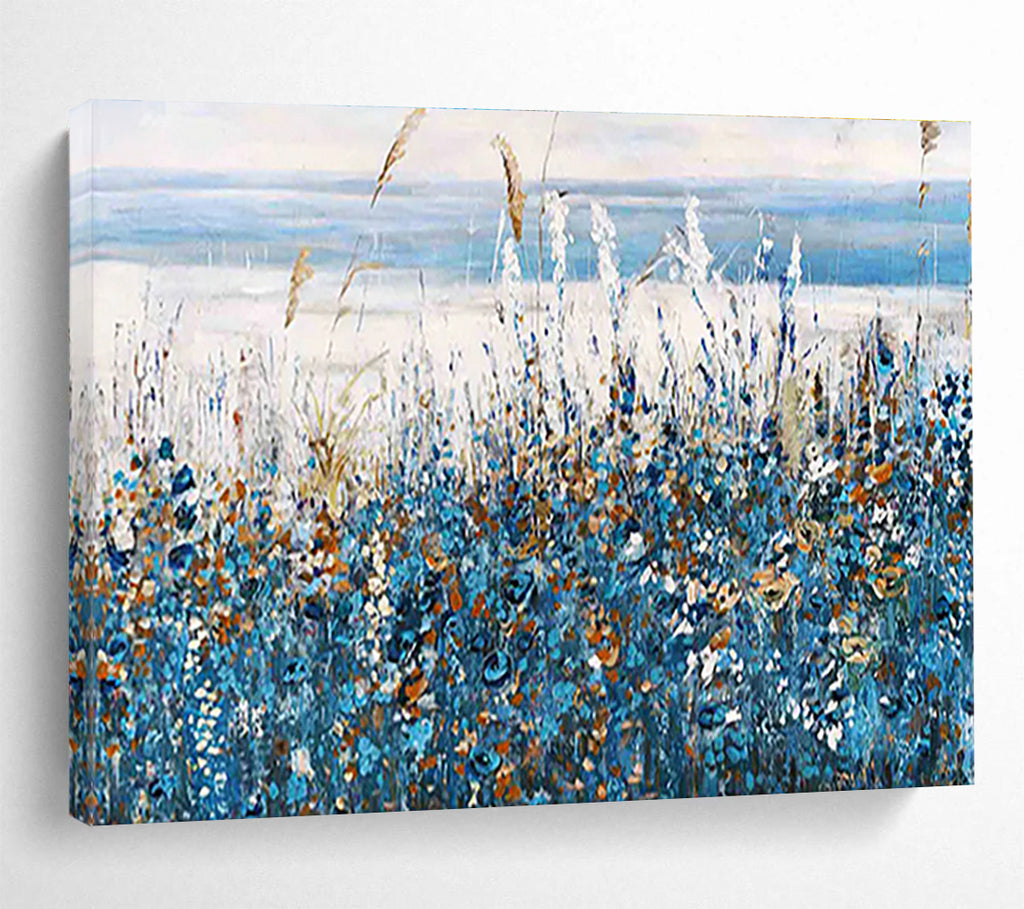 Seaside Wildflower Abstract Painting with Blue, White, and Orange Hues THY203