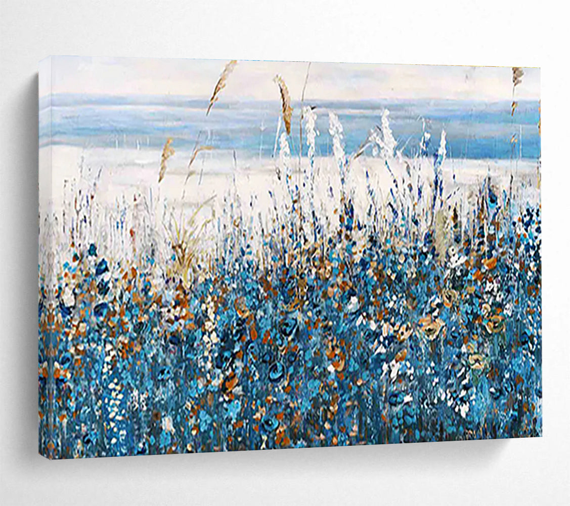 Seaside Wildflower Abstract Painting with Blue, White, and Orange Hues THY203