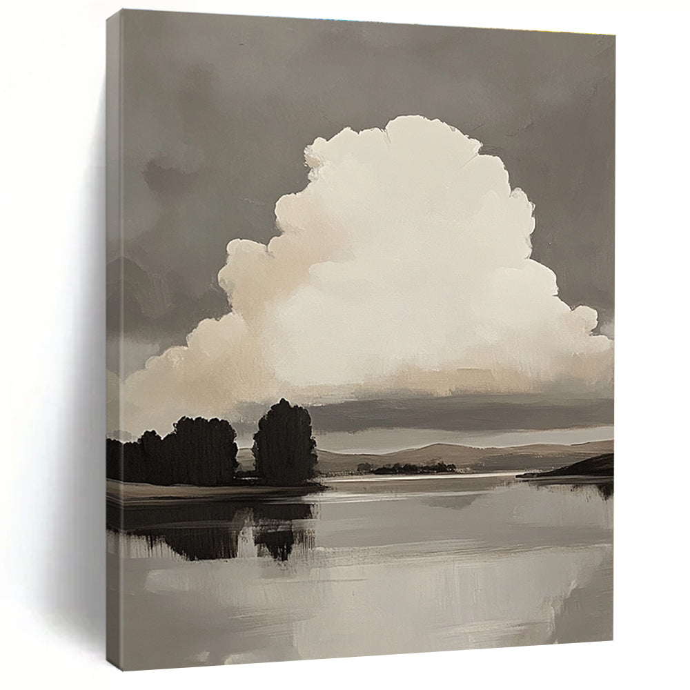 Large abstract oil painting of a white cloud over a lake with minimalist trees and hills in muted colors against a gray background.STSC868