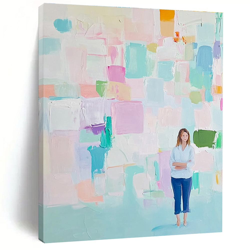 Large abstract painting featuring soft pastel colors and thick brush strokes in pink blue green and mint with an airy background.STSC447