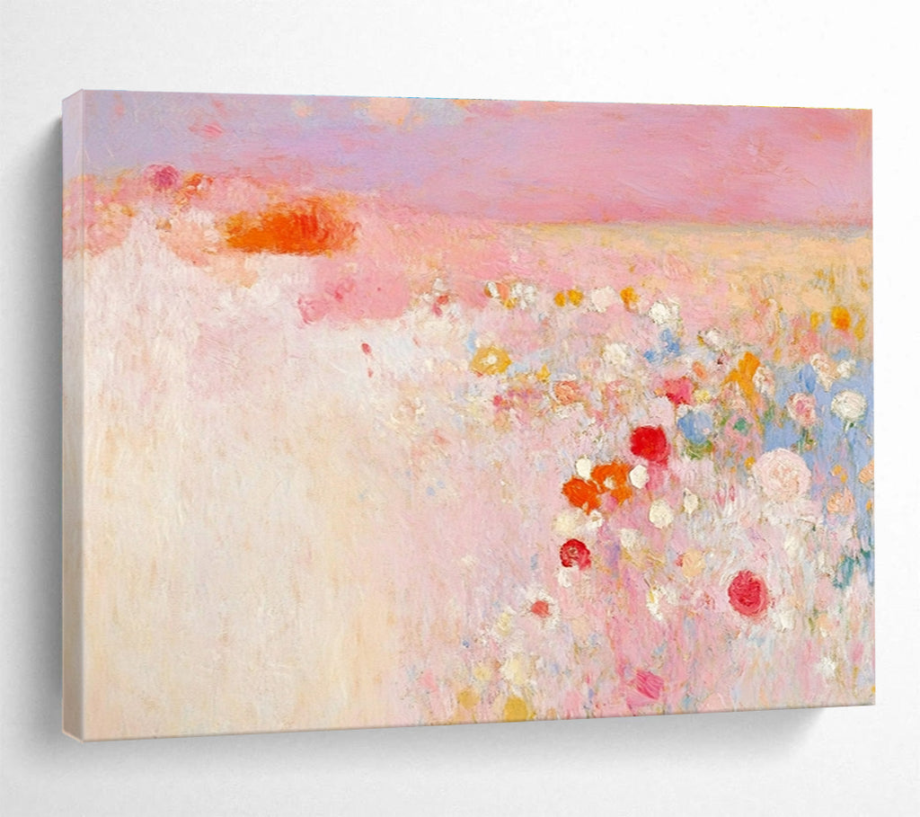 Large abstract painting in soft pink and white with hints of red and yellow evokes springtime calmness amidst a blooming field.SC350