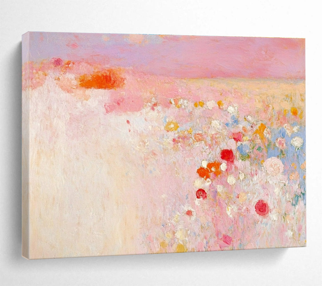 Large abstract painting in soft pink and white with hints of red and yellow evokes springtime calmness amidst a blooming field.SC350