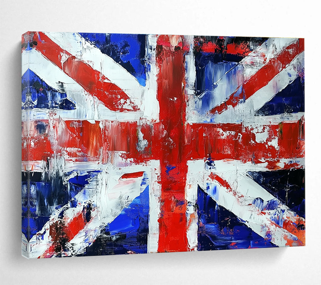 Large abstract painting of the British flag featuring a vibrant palette knife technique for a striking visual impact.SC200