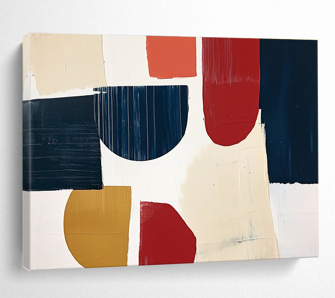 A large abstract painting featuring navy blue cream and red shapes with loose brush strokes on a white background in a collage style.SC489