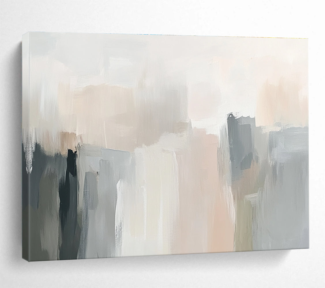 Large abstract painting in soft neutral tones with gentle brushstrokes and subtle color transitions creating an elegant atmosphere.SC058