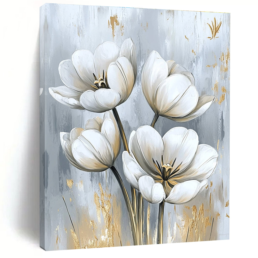 Large abstract painting featuring white tulips with delicate petals and gold embellishments perfect for elegant home interior design.STSC1478