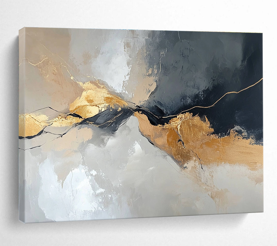 Large abstract painting with an aerial view in gray and beige colors featuring minimalistic shapes and brush strokes enhanced with gold accents.SC104