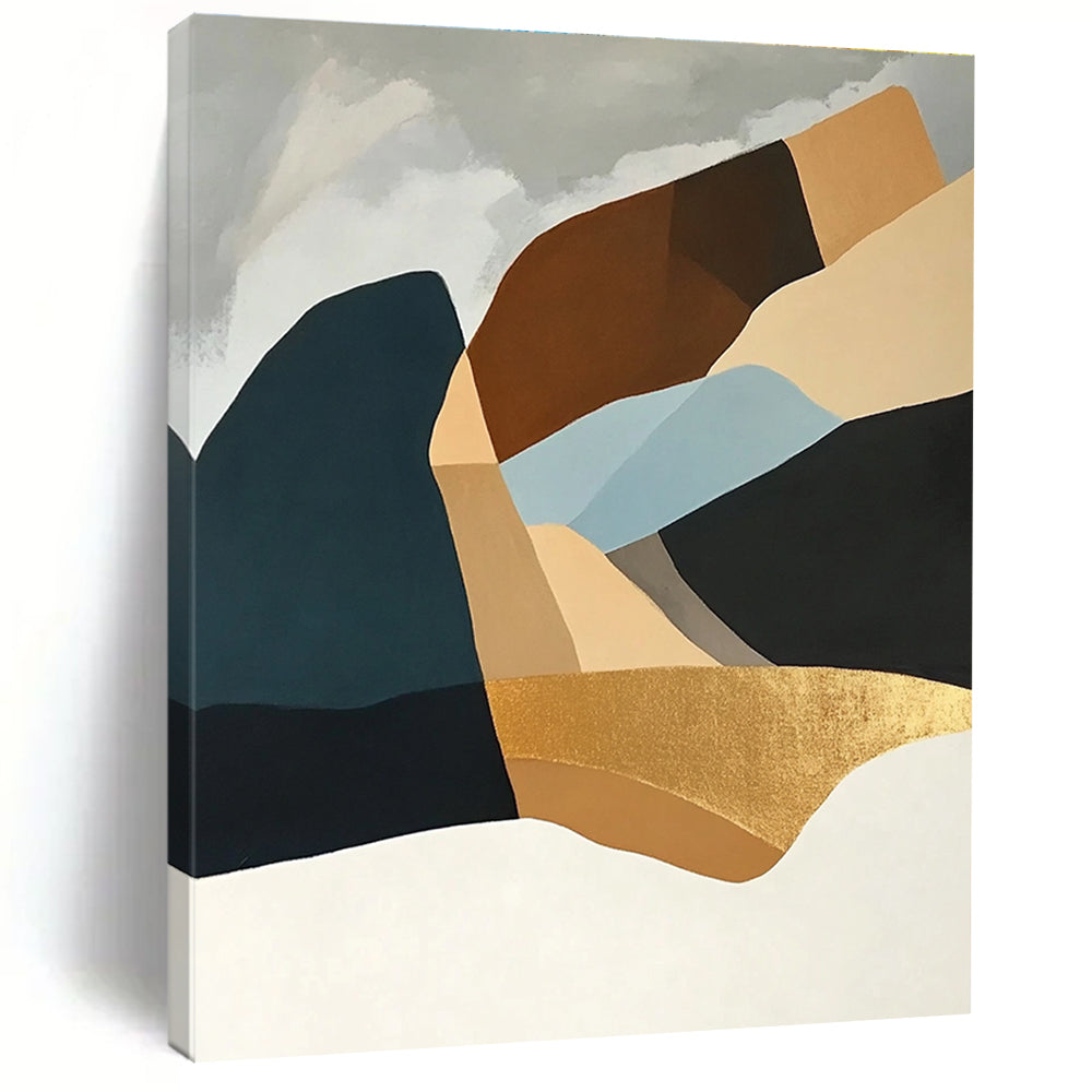 Large abstract painting showcasing Art Deco shapes in light blue and gold on a white background featuring elegant curves and balanced elegance in composition.STSC697