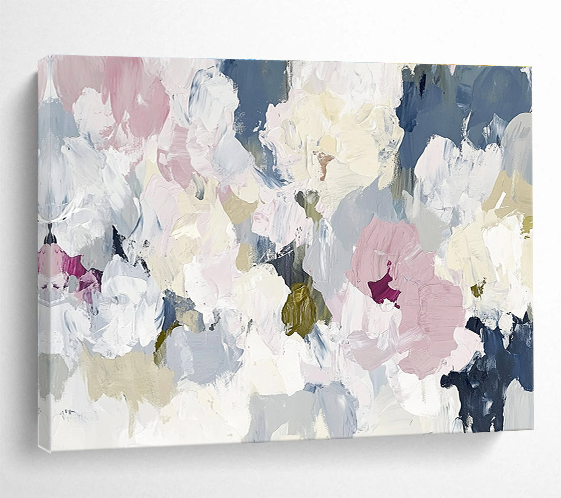 Large abstract floral painting in soft whites pinks and greens creating an elegant contemporary composition inspired by nature's beauty.SC049