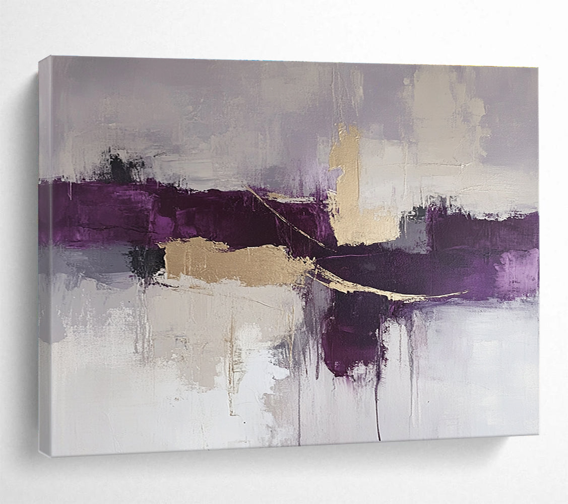 Large abstract painting in purple and gray tones with beige accents featuring thick loose brush strokes for a dynamic artistic expression.SC088