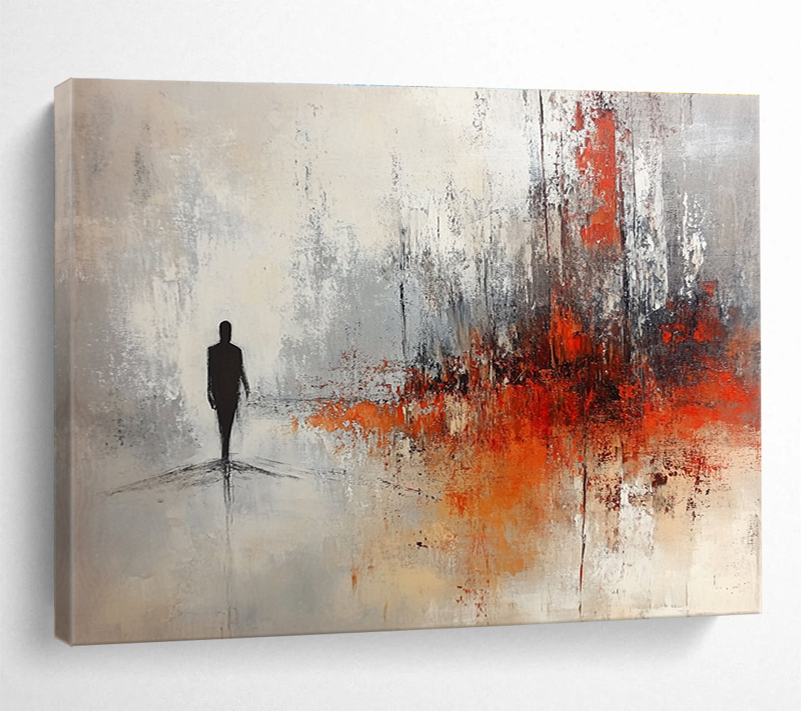 Large abstract painting in soft gray and white tones with red and orange splashes featuring a silhouette in an ominous landscape.SC258