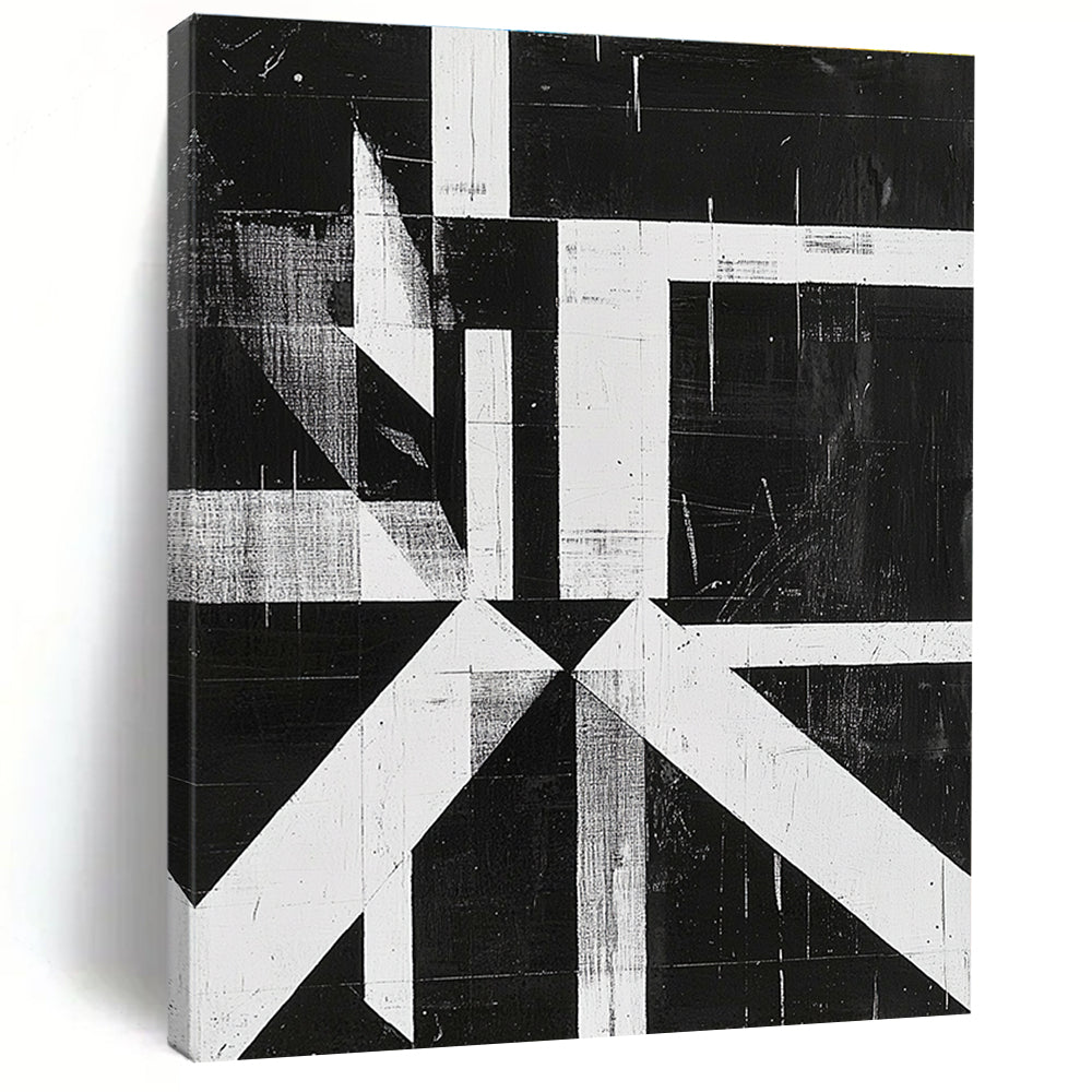 Black and White Geometric Abstract Painting with Angular Forms GER009