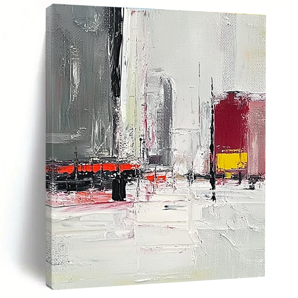 Large abstract painting featuring a grey and white urban landscape with red and yellow accents and thick brush strokes on a textured canvas.STSC154