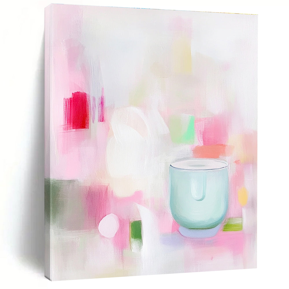 A soft abstract painting in pink and white shapes with green and red hints featuring a minimalist light blue glass blender conveying calmness and simplicity.STSC1200