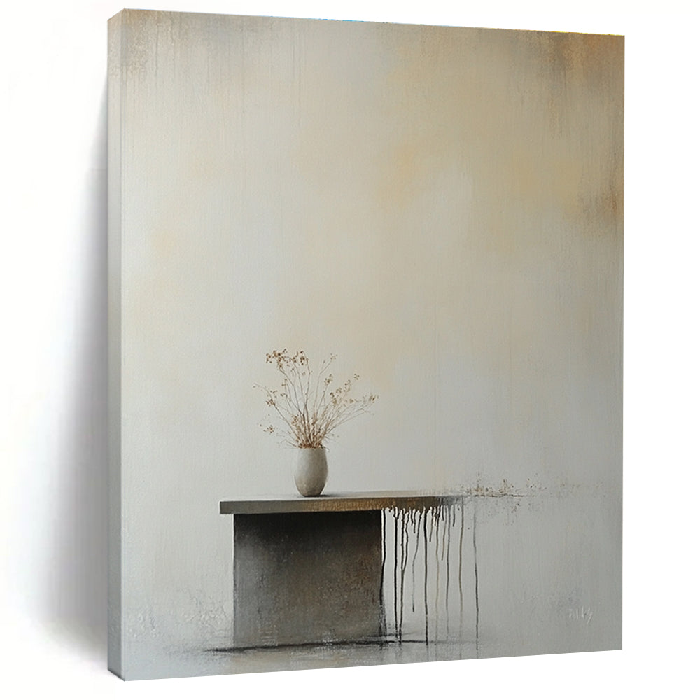 Abstract painting of an empty wall featuring a small table and flower vase in soft beige and gray tones with minimalist aesthetic.STSC641