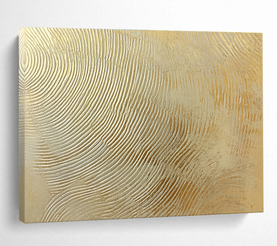 This large abstract painting features intricate wavy lines in gold and silver, creating a textured depth that enhances visual interest for design projects.SC559