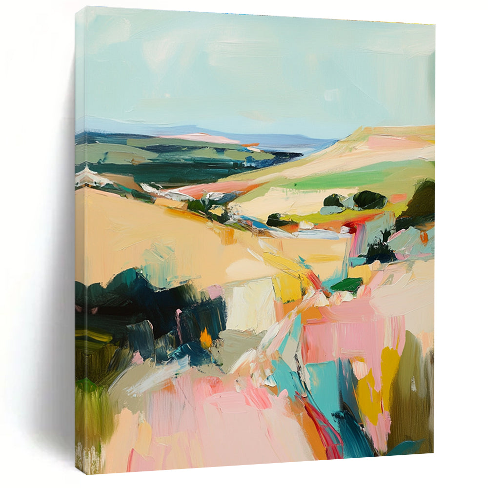 Abstract oil painting of an Irish landscape showcasing vibrant brush strokes in beige pink and teal colors creating a serene atmosphere.STSC150