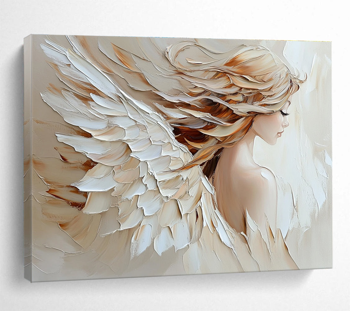 Large abstract oil painting of an angel with palette knife texture in beige and white colors featuring flowing hair on canvas.SC105