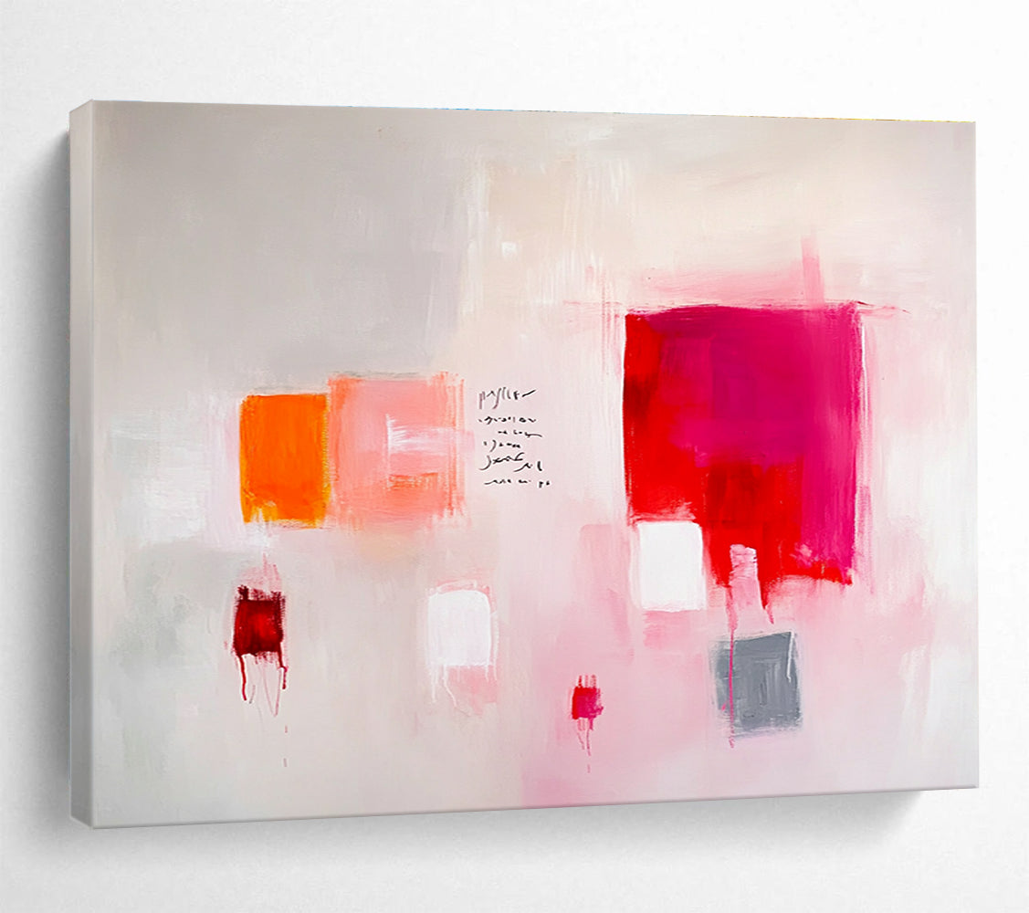 Large abstract painting featuring light pink and red tones with gray soft edges and minimalist brush strokes on a white background.SC242