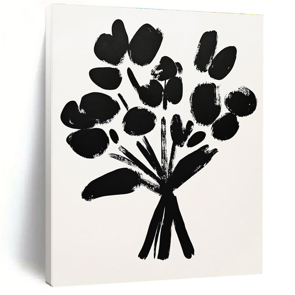 A large abstract painting featuring a bouquet of flowers with black brush strokes on white paper in a simple and minimalistic drawing style.STSC924