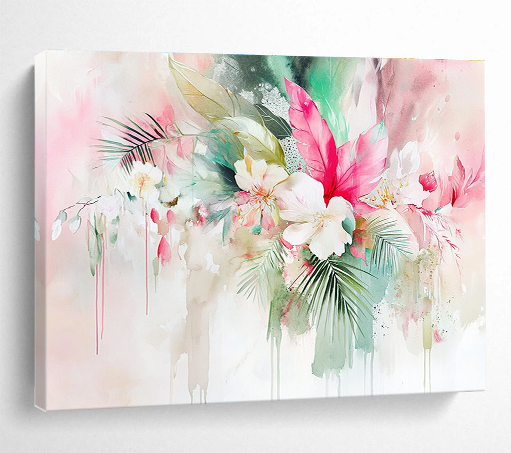 Abstract watercolor painting featuring tropical flowers and leaves with a pink sage green and white background showcasing soft edges and intricate details.SC290