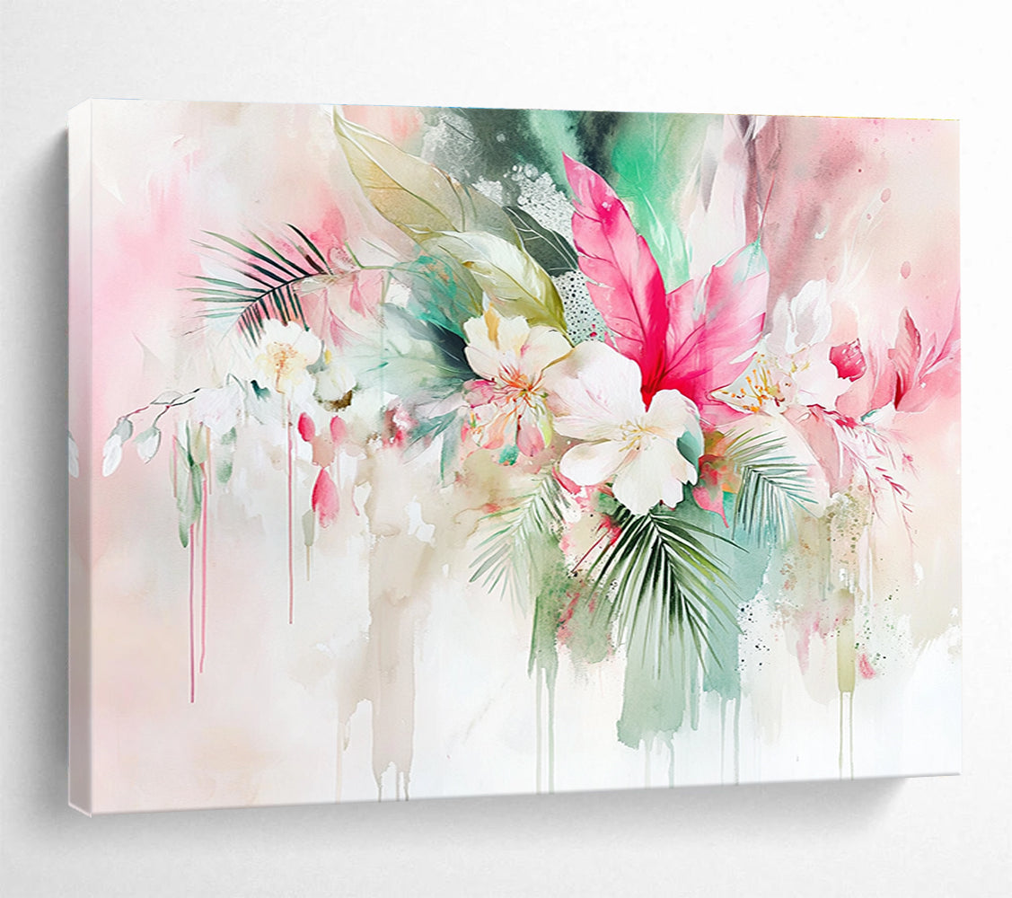Abstract watercolor painting featuring tropical flowers and leaves with a pink sage green and white background showcasing soft edges and intricate details.SC290